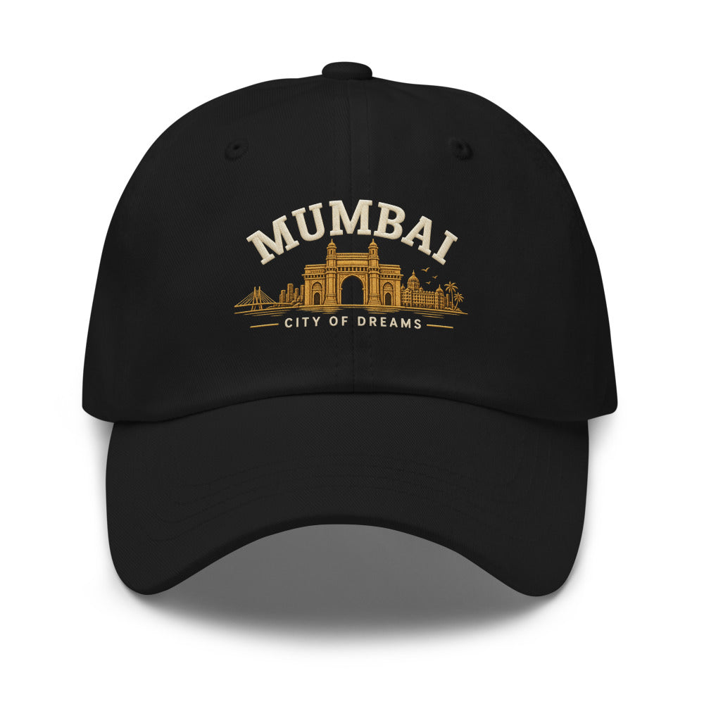 Mumbai – City of Dreams Cap — black dad hat with a printed "Mumbai" wordmark over the Gateway of India, skyline and sea-link graphic with "City of Dreams" text — Step2Strength