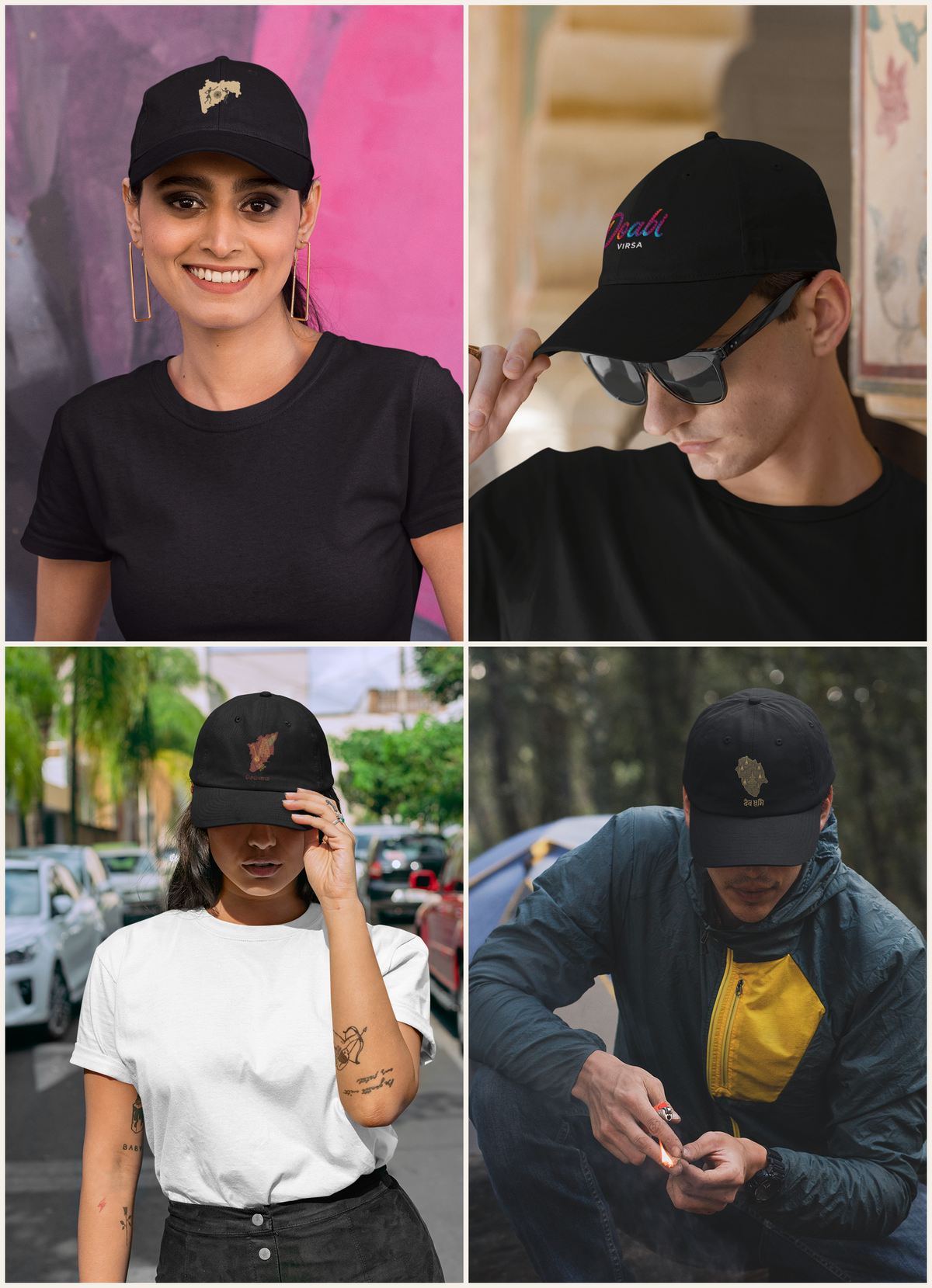 Four Step2Strength customers wearing regional caps for Maharashtra, Doaba (Punjab), Tamil Nadu, and Himachal Pradesh, each embroidered with that state's outline